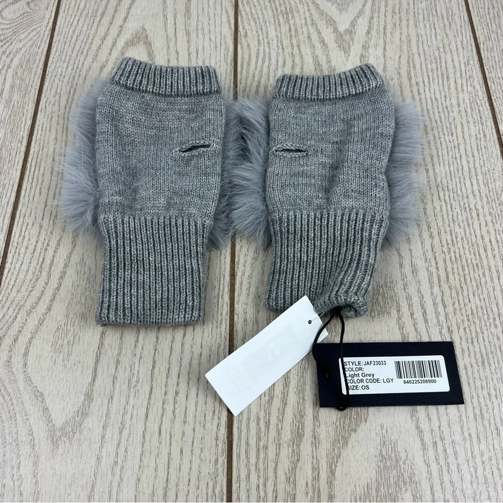 Jocelyn Faux Fox Knit Fingerless Mittens OS Light Gray $55